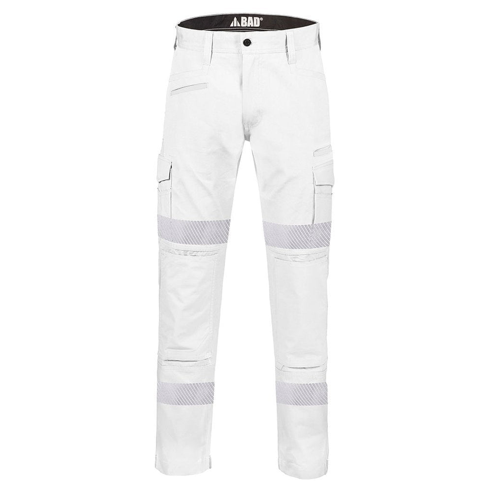 BAD ATTITUDE™ SLIM FIT WHITE NIGHT WORK PANTS WITH 3M TAPE - BAD WORKWEAR