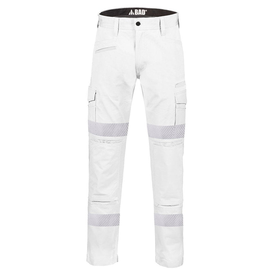BAD ATTITUDE™ SLIM FIT WHITE NIGHT WORK PANTS WITH 3M TAPE - BAD WORKWEAR