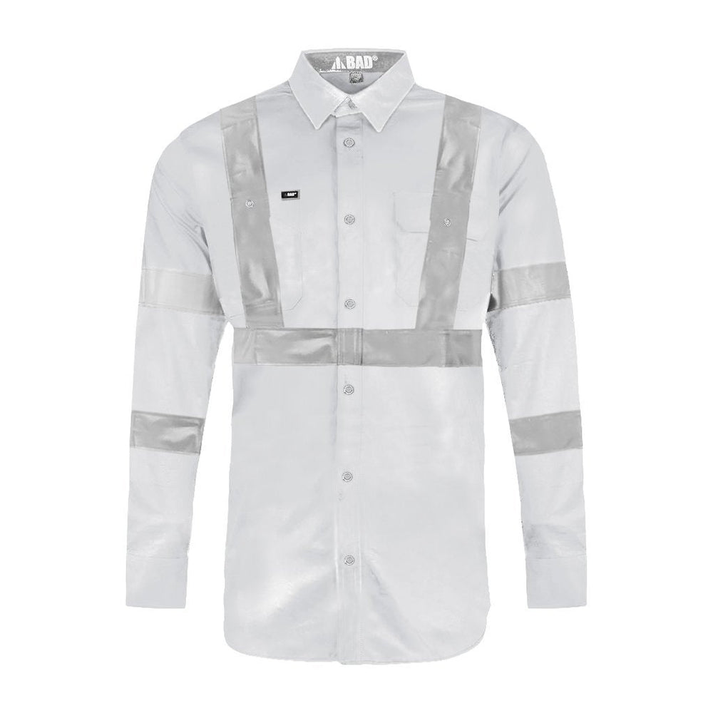STRETCH L/S WHITE NIGHT WORK SHIRT WITH REFLECTIVE TAPE - BAD WORKWEAR