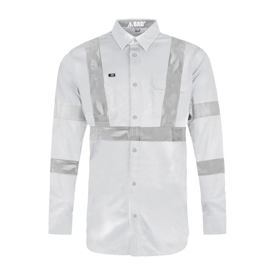 STRETCH L/S WHITE NIGHT WORK SHIRT WITH REFLECTIVE TAPE - BAD WORKWEAR